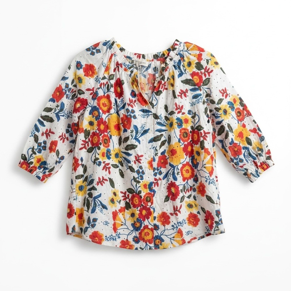 Floral Eyelet Cotton Peasant Blouse Plus Size 1X Boho Folk Puff Sleeve NWT Intro